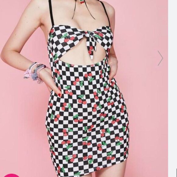 Checkered Cherry Skater Punk Fitted Mini Tie Dress - Picture 1 of 5